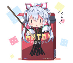 Rule 34 | 1girl, ahoge, blush, box, brand name imitation, character name, chibi, commentary request, copyright name, food, hair ornament, hair rings, hairband, holding, holding food, in box, in container, jewelry, long hair, long sleeves, looking at viewer, matoi (pso2), milkpanda, mini person, minigirl, necklace, open box, open mouth, phantasy star, phantasy star online 2, pocky, red hairband, silver hair, solid oval eyes, solo, translation request, twintails, white background