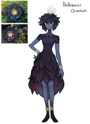 Rule 34 | 1girl, absurdres, black footwear, blue hair, blue skin, closed mouth, colored skin, dress, full body, highres, leaf skirt, looking at viewer, matilda fiship, medium hair, original, plant hair, purple dress, red eyes, simple background, smile, solo, standing, white background