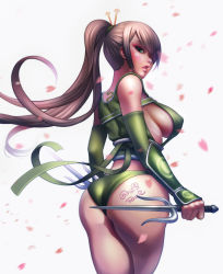 Rule 34 | 1girl, akali, akali (legacy), ass, bad id, bad pixiv id, body writing, breasts, brown hair, cherry blossoms, dragon tattoo, dual wielding, hair over one eye, highres, holding, league of legends, long hair, looking back, ninja, one3four!, open mouth, petals, ponytail, reverse grip, sai (weapon), sideboob, simple background, solo, tattoo, weapon