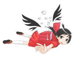 Rule 34 | 1girl, ahoge, backpack, bad id, bad pixiv id, bag, black hair, black wings, blush, child, flying, kaai yuki, outstretched arms, rabbit, randoseru, rukah, short hair, skirt, smile, solo, spread arms, twintails, vocaloid, wings