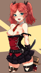 Rule 34 | 1girl, arms behind back, belt, blush, breasts, breasts out, caee penguin, combat knife, detached collar, dress, fang, granado espada, green eyes, highres, knife, looking at viewer, necktie, nipples, off shoulder, open mouth, red hair, small breasts, smile, solo, twintails, weapon