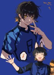 Rule 34 | 1boy, :d, ^ ^, animal ears, bachira meguru, black hair, blonde hair, blue background, blue lock, character name, closed eyes, doran (doran7280), hand up, highres, looking at viewer, male focus, multicolored hair, open mouth, short hair, simple background, smile, tail, two-tone hair, upper body, v, yellow eyes