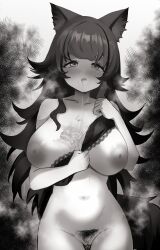 Rule 34 | 1girl, absurdres, animal ears, belly, black bra, black hair, blush, bottomless, bra, breasts, breath, commission, cowboy shot, darkdeaththorn, drooling, female pubic hair, greyscale, hand on own chest, highres, hololive, lace, lace-trimmed bra, lace trim, large areolae, large breasts, long hair, looking at viewer, monochrome, multicolored hair, navel, nose blush, ookami mio, pubic hair, pussy, solo, stomach, streaked hair, tail, underwear, very long hair, virtual youtuber, vomit, wolf ears, wolf girl, wolf tail
