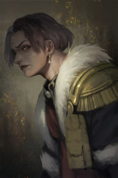 Rule 34 | 1boy, brown hair, chatalaw, closed mouth, coat, earrings, emet-selch, final fantasy, final fantasy xiv, from side, fur trim, grey hair, highres, hyur, jewelry, leaning forward, lips, looking at viewer, looking to the side, male focus, multicolored hair, short hair, sidelocks, sideways glance, solo, third eye, two-tone hair, upper body, yellow eyes