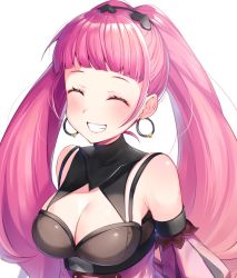 Rule 34 | 1girl, :d, ^ ^, arms behind back, bare shoulders, blush, breasts, cleavage, cleavage cutout, closed eyes, clothing cutout, dress, earrings, closed eyes, facing viewer, fire emblem, fire emblem: three houses, grin, hair ornament, heart, heart hair ornament, highres, hilda valentine goneril, hoop earrings, jewelry, large breasts, long hair, nintendo, open mouth, pink dress, pink hair, ringozaka mariko, simple background, smile, solo, teeth, twintails, upper body, very long hair, white background