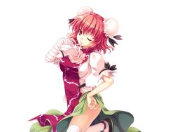 Rule 34 | 1girl, bandages, bow, breasts, chinese clothes, double bun, female focus, flower, game cg, hair bun, hand on own hip, hip focus, ibaraki kasen, large breasts, one eye closed, pink eyes, pink hair, riv (rivleaf), rose, short sleeves, skirt, solo, touhou, transparent background, wink