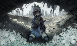 Rule 34 | 1girl, absurdres, belt pouch, blood, blood on clothes, blood on face, blue archive, blue eyes, blue serafuku, blue skirt, broken halo, chickenapple33, combat helmet, commentary, empty eyes, flower, grey sky, halo, helmet, highres, knee pads, kneeling, korean commentary, long sleeves, looking at viewer, neckerchief, on ground, outdoors, pouch, rubble, ruins, saki (blue archive), school uniform, serafuku, short hair, skirt, sky, solo, stahlhelm, torn clothes, torn skirt, traumatized, wide-eyed, wide shot, yellow neckerchief