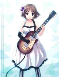 Rule 34 | 00s, 1girl, bad id, bad pixiv id, brown hair, don&#039;t say &quot;lazy&quot;, dress, elbow gloves, female focus, fingerless gloves, gloves, guitar, hirasawa yui, instrument, k-on!, pantyhose, short hair, solo, striped clothes, striped pantyhose, vertical-striped clothes, vertical-striped pantyhose, yakka