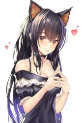 Rule 34 | 1girl, absurdres, animal ears, bad id, bad pixiv id, bare shoulders, black choker, black dress, black hair, breasts, cat ears, choker, cleavage, closed mouth, cup6542, dress, expressionless, extra ears, fingers together, frills, hair between eyes, hands up, heart, highres, large breasts, long hair, looking at viewer, off shoulder, original, puffy short sleeves, puffy sleeves, short sleeves, sidelocks, simple background, solo, spaghetti strap, upper body, white background, yellow eyes