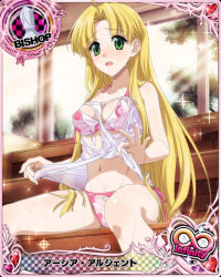 Rule 34 | 1girl, ahoge, asia argento, bikini, bishop (chess), blonde hair, blunt bangs, blunt ends, blush, breasts, card (medium), chess piece, collarbone, covered erect nipples, green eyes, heart, high school dxd, indoors, light rays, long hair, looking at viewer, navel, official art, open mouth, pink bikini, shirt, sitting, small breasts, solo, stomach, swimsuit, torn clothes, tree, wet, wet clothes, wet shirt, white shirt, window