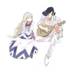 Rule 34 | 10s, 1boy, 1girl, black hair, blonde hair, dandy (space dandy), dress, full body, hat, hat ribbon, instrument, jewelry, long hair, long sleeves, lute (instrument), mandolin, multicolored hair, music, necklace, playing instrument, poe (space dandy), pompadour, purple footwear, ribbon, shell, shell necklace, shoes, smile, space dandy, traditional clothes, tuxedo, very long hair, wata (pixiv3603065), wata (sa ba e), white background, white footwear