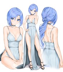 Rule 34 | 1girl, alternate hairstyle, armpit crease, back, bare arms, bare back, bare legs, bare shoulders, black footwear, blue eyes, blue hair, breasts, chaesu, choker, cleavage, commentary, dress, english commentary, evening gown, facing away, full body, gradient eyes, grey choker, grey dress, hair between eyes, hand on own hip, high heels, highres, indian style, long dress, long hair, low ponytail, medium breasts, bae minah (chaesu), multicolored eyes, multiple views, no panties, original, pelvic curtain, ponytail, ringlets, shoulder blades, side slit, signature, simple background, sitting, sleeveless, sleeveless dress, spaghetti strap, standing, strappy heels, swept bangs, thighs, very long hair, white background