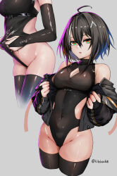 Rule 34 | 1girl, absurdres, ahoge, black gloves, black hair, breasts, bridal gauntlets, cleavage, cleavage cutout, clothing cutout, collarbone, copyright request, cropped legs, gloves, highres, jacket, kb-5, leotard, long sleeves, medium breasts, multicolored hair, multiple views, open clothes, open jacket, parted lips, short hair, streaked hair, twitter username, white hair, yellow eyes
