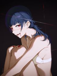 Rule 34 | 1girl, armpit crease, black hair, blood, blood on face, blood on leg, blurry, bra, breasts, breasts on lap, chainsaw man, commentary, cross scar, dark background, facial scar, highres, hugging own legs, knees up, long hair, looking at viewer, looking to the side, medium breasts, olys, open mouth, red eyes, ringed eyes, scar, scar on cheek, scar on face, scar on nose, sideboob, sitting, solo, symbol-only commentary, teeth, thread, twitter username, underwear, underwear only, white bra, yoru (chainsaw man)