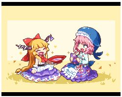 Rule 34 | 2girls, animal hat, blonde hair, blue shirt, bow, commentary request, cup, closed eyes, gourd, green eyes, hair bow, hat, heart, holding, horn ornament, horn ribbon, horns, ibuki suika, kumamoto (bbtonhk2), letterboxed, long sleeves, lowres, multiple girls, okunoda miyoi, pink hair, pixel art, purple skirt, red bow, ribbon, sakazuki, shirt, sitting, skirt, sleeveless, sleeveless shirt, smile, touhou, whale hat, white shirt, wrist cuffs, yellow background