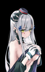Rule 34 | 1girl, absurdres, anparu, bad id, bad pixiv id, bare shoulders, black background, blush, breasts, cleavage, facial mark, girls&#039; frontline, gloves, green eyes, hair ornament, hat, highres, hk416 (girls&#039; frontline), hk416 (mod3) (girls&#039; frontline), long hair, looking at viewer, mod3 (girls&#039; frontline), silver hair, simple background, solo, tears, underboob, white gloves