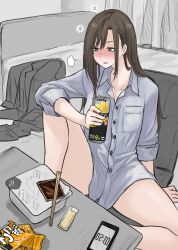 Rule 34 | 1girl, arm support, bed, brown eyes, brown hair, can, cellphone, chopsticks, collarbone, cup ramen, curtains, fuku (fuku12290574), highres, holding, holding can, instant ramen, instant soba, long hair, naked shirt, on floor, original, phone, shirt, sitting, smartphone, solo, speech bubble, white shirt