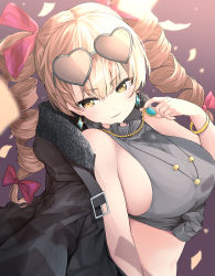 Rule 34 | 1girl, absurdres, alternate breast size, amazaki ria, bare shoulders, blush, bow, bracelet, breasts, coat, dress, drill hair, earrings, eyewear on head, hair bow, highres, jewelry, large breasts, light smile, long hair, looking to the side, necklace, parted lips, purple background, red bow, ring, simple background, sleeveless, solo, sunglasses, touhou, twin drills, upper body, yellow eyes, yorigami jo&#039;on