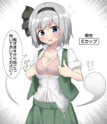 Rule 34 | 1girl, black hairband, blue eyes, bra, breasts, cleavage, collared shirt, commentary, emphasis lines, ghost, green skirt, green vest, grey hair, hairband, highres, konpaku youmu, konpaku youmu (ghost), large breasts, pink bra, shirt, short hair, simple background, skirt, speech bubble, touhou, translation request, underwear, unzipped, vest, white background, white shirt, youmu-kun