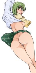 Rule 34 | 1girl, absurdres, arai sayaka, ass, breasts, breasts out, clothes lift, clothing aside, breasts, female focus, green hair, highres, medium breasts, no panties, open clothes, open shirt, pussy, scared, school uniform, shirt, short hair, skirt, skirt lift, solo, third-party edit, to love-ru, transparent background, yellow eyes