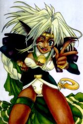 Rule 34 | 1990s (style), 1girl, aisha clanclan, animal ears, bell, blonde hair, blue eyes, bracelet, breasts, cat ears, choker, circlet, cleavage, collar, dark-skinned female, dark skin, facial mark, fang, forehead mark, gradient background, hair ornament, hand on own hip, highres, hip focus, jewelry, jingle bell, large breasts, leaning forward, lingerie, long hair, neck bell, one eye closed, outlaw star, retro artstyle, scarf, silver hair, solo, thigh strap, underwear, v, very long hair, wink