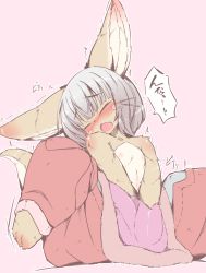Rule 34 | 10s, 1other, blush, closed eyes, furry, grey hair, made in abyss, masturbation, nanachi (made in abyss), open mouth, other focus, rabbit, short hair, simple background, solo, yuuki haru (nyawate-sou)