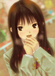 Rule 34 | 1girl, brown eyes, brown hair, highres, kobayashi yuji, long hair, open mouth, original, solo, winter clothes