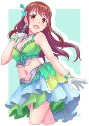 Rule 34 | 1girl, :d, alternate color, bare shoulders, blush, breasts, brown eyes, brown hair, choker, cleavage, commentary, feathers, gloves, green skirt, hair ornament, highres, idol clothes, idolmaster, idolmaster million live!, jewelry, layered skirt, long hair, looking at viewer, medium breasts, midriff, navel, open mouth, skirt, smile, solo, soujin, stomach, tanaka kotoha, thighs, white gloves
