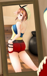 Rule 34 | 1girl, absurdres, artist request, ass, atelier (series), atelier ryza, backless outfit, bare shoulders, breasts, brown eyes, brown hair, from behind, grin, hair ornament, hairclip, hat, highres, large breasts, looking back, mirror, red shorts, reflection, reisalin stout, short hair, short shorts, shorts, sideboob, smile, solo, v
