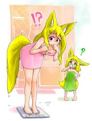Rule 34 | 2girls, ?, after bathing, animal ears, bare arms, bare legs, bare shoulders, barefoot, bathroom, blonde hair, blush, breasts, child, cleavage, covering own mouth, doitsuken, drinking, fox ears, fox tail, green eyes, highres, indoors, leaning forward, long hair, looking at another, looking down, medium breasts, milk, mother and daughter, multiple girls, naked towel, original, pink eyes, short hair, tail, towel, turn pale, weighing scale, weight conscious, wet tail, wide-eyed