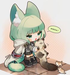 Rule 34 | 1girl, :d, animal, animal ears, arknights, black footwear, black skirt, blush stickers, cat, cat ears, cat tail, chibi, daba (0dbdbx), green eyes, green hair, grey ribbon, grey socks, grey sweater vest, harmonie (arknights), highres, holding, holding animal, holding cat, infection monitor (arknights), long hair, long sleeves, multiple cats, neck ribbon, open mouth, pleated skirt, ribbon, shoes, simple background, skirt, smile, socks, solo, sweater vest, tail, tail ornament, tail ring, twitter username, white background
