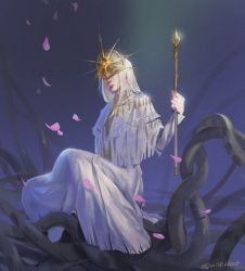 Rule 34 | 1boy, capelet, closed mouth, dark souls (series), dark souls i, dark sun gwyndolin, dress, facing viewer, headpiece, holding, holding scepter, long hair, long sleeves, male focus, miso katsu, scepter, solo, tentacles, twitter username, white capelet, white dress, white hair