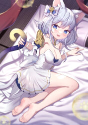 1girl :d animal_ears bare_shoulders barefoot blue_eyes blush bow breasts cat_ears cat_girl cat_tail cleavage commentary copyright_request dress fang full_body futon grey_hair hair_bow highres looking_at_viewer lying medium_breasts on_bed on_side open_mouth pillow smile solo strapless strapless_dress symbol-only_commentary tail tatami uneg white_bow white_dress