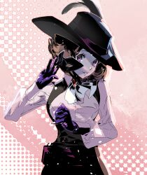 Rule 34 | 1girl, ascot, black headwear, breasts, brown hair, cofffee, eye mask, gloves, hat feather, holding, holding mask, long sleeves, looking at viewer, mask, medium breasts, okumura haru, parted bangs, parted lips, persona, persona 5, purple eyes, purple gloves, shirt, short hair, solo, underbust, upper body, white shirt