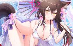 Rule 34 | 1girl, animal ears, bent over, bikini, blue archive, blush, breasts, brown eyes, brown hair, collarbone, commentary request, day, flower, hair flower, hair ornament, highres, holding, holding umbrella, japanese clothes, kimono, kinona, large breasts, long hair, looking at viewer, multicolored hair, official alternate costume, oil-paper umbrella, outdoors, palm tree, purple kimono, red hair, smile, solo, streaked hair, swimsuit, tail, tree, two-tone hair, umbrella, wakamo (blue archive), wakamo (swimsuit) (blue archive), white bikini