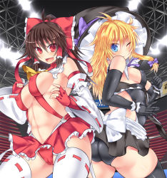 Rule 34 | 2girls, adapted costume, ahoge, ascot, ass, blonde hair, blue eyes, breasts, brown hair, cameltoe, clenched hand, detached sleeves, covered erect nipples, fingerless gloves, gloves, hakurei reimu, hat, hisui (stapspats), kirisame marisa, large breasts, long hair, looking at viewer, microskirt, multiple girls, revealing clothes, ribbon-trimmed legwear, ribbon-trimmed sleeves, ribbon trim, sash, skirt, thick thighs, thighhighs, thighs, toned, touhou, tsurime, witch hat, wrestling outfit