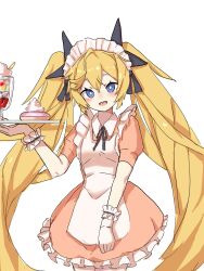 Rule 34 | 1girl, alternate costume, apron, blonde hair, blush, clear (djmax), cowboy shot, dessert, djmax, djmax respect, doughnut, dress, enmaided, food, gloves, hair ornament, hand up, highres, holding, holding tray, looking at viewer, maid, maid apron, maid headdress, open mouth, orange dress, parfait, short sleeves, simple background, smile, solo, tray, upper body, uranium10, whipped cream, white apron, white background, white gloves