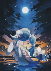 Rule 34 | blue eyes, blue hair, colored skin, creatures (company), full body, full moon, game freak, gen 7 pokemon, highres, long hair, mermaid, monster girl, moon, nintendo, pokemon, pokemon (creature), primarina, reflection, reo (mmocc123), solo, water drop, white skin