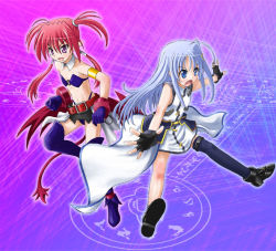 Rule 34 | 00s, 2girls, :d, agito, agito (nanoha), armlet, bare shoulders, black gloves, black legwear, blue eyes, blush, collarbone, fingerless gloves, full body, gloves, loafers, long hair, lyrical nanoha, magic circle, magical girl, mahou shoujo lyrical nanoha, mahou shoujo lyrical nanoha strikers, multiple girls, open mouth, red eyes, red hair, reinforce zwei, shoes, silver hair, single thighhigh, smile, standing, thighhighs, very long hair, yone