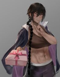 Rule 34 | 1girl, ;), abs, bandaid, bandaid on cheek, bandaid on face, black hair, blush, box, braid, braided ponytail, breasts, brown sports bra, cleavage, finger to mouth, fingernails, gift, gift box, grey background, hair between eyes, highres, hunyan, jacket, jacket on shoulders, large breasts, long braid, xiao (hunyan), long hair, looking at viewer, midriff, muscular, muscular female, navel, one eye closed, open clothes, open jacket, original, reaching, reaching towards viewer, shorts, single braid, smile, solo, sports bra, tan