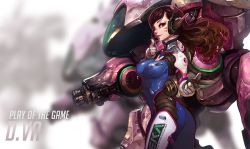Rule 34 | 1girl, aiming, aiming at viewer, bodysuit, breasts, brown hair, character name, covered erect nipples, d.va (overwatch), duto, finger gun, headphones, highres, long hair, md5 mismatch, mecha, medium breasts, meka (overwatch), one eye closed, overwatch, overwatch 1, pilot suit, resolution mismatch, robot, solo, source smaller