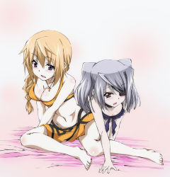 Rule 34 | 10s, 2girls, all fours, anno masato, barefoot, bikini, blonde hair, braid, breasts, charlotte dunois, cleavage, eyepatch, grey hair, highres, infinite stratos, laura bodewig, long hair, long legs, medium breasts, multiple girls, nanairo1016, purple eyes, red eyes, skirt, small breasts, swimsuit, twintails