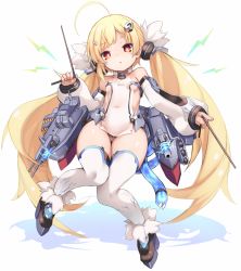 Rule 34 | 1girl, :o, ahoge, azur lane, bare shoulders, blonde hair, blush, boots, breasts, brown footwear, cannon, character name, colored shadow, commentary request, covered navel, detached sleeves, dress, eldridge (azur lane), full body, fur-trimmed boots, fur trim, hair ornament, hairclip, highres, holding, karukan (monjya), lightning bolt symbol, long hair, long sleeves, looking at viewer, low twintails, machinery, parted lips, puffy long sleeves, puffy sleeves, red eyes, shadow, sleeveless, sleeveless dress, sleeves past wrists, small breasts, solo, tail, thighhighs, turret, twintails, very long hair, white dress, white sleeves, white thighhighs