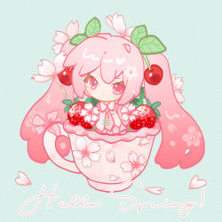 Rule 34 | 1girl, absurdly long hair, cherry blossoms, cherry hair ornament, chibi, commentary, cup, english commentary, food, food-themed hair ornament, fruit, green background, grin, hair ornament, hatsune miku, in container, in cup, indai (3330425), leaf hair ornament, long hair, oversized food, oversized object, pink eyes, pink hair, sakura miku, simple background, smile, solo, strawberry, v-shaped eyebrows, very long hair, vocaloid