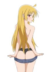 Rule 34 | 1girl, ahoge, ass, black panties, blonde hair, blue shorts, bocchi the rock!, clothes pull, commentary request, from behind, highres, ijichi seika, long hair, looking back, panties, pulled by self, red eyes, shorts, shorts pull, solo, thong, thundradrawings, topless, underwear, undressing