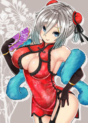 Rule 34 | 10s, 1girl, alternate costume, alternate hairstyle, armpits, black gloves, black ribbon, blue eyes, breasts, bun cover, china dress, chinese clothes, cleavage, cleavage cutout, closed mouth, clothing cutout, covered navel, cowboy shot, double bun, dress, eyebrows, eyes visible through hair, folding fan, frills, fur trim, garter straps, gloves, grey background, hair between eyes, hair ornament, hair over one eye, hair up, hairclip, hamakaze (kancolle), hand fan, holding, holding fan, kantai collection, large breasts, looking at viewer, patterned background, red dress, ribbon, shawl, side slit, sideboob, sin (kami148), sleeveless, sleeveless dress, smile, solo