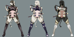Rule 34 | 3girls, absurdres, armor, boots, cow, highres, multiple girls, qlinicx, red eyes, sword, tail, weapon