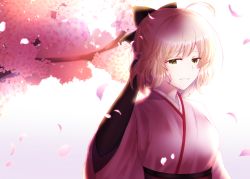 Rule 34 | 09rune, 1girl, :d, absurdres, ahoge, black bow, blonde hair, bow, cherry blossoms, fate (series), hair between eyes, hair bow, hand in own hair, highres, huge filesize, japanese clothes, kimono, koha-ace, long sleeves, okita souji (fate), okita souji (koha-ace), open mouth, pink kimono, short hair, smile, solo, spring (season), upper body, white background, yellow eyes