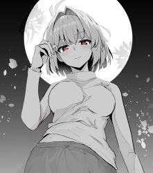 Rule 34 | 1girl, absurdres, arcueid brunestud, black background, breasts, closed mouth, commentary request, full moon, gradient background, grey background, greyscale, highres, large breasts, long sleeves, looking at viewer, metsu end, monochrome, moon, red eyes, short hair, skirt, smile, solo, sweater, tsukihime, turtleneck, turtleneck sweater
