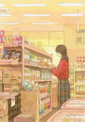 Rule 34 | 1girl, bottle, box, brown hair, convenience store, feet out of frame, holding, indoors, long hair, long skirt, original, plaid, plaid skirt, profile, red sweater, shelf, shop, skirt, solo, sweater, yeyuan33